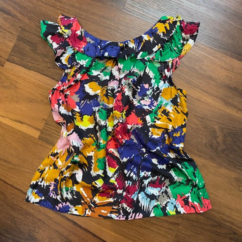 J. Crew 100% Silk Ruffle Top in Colorful Brushstroke Print Size 4